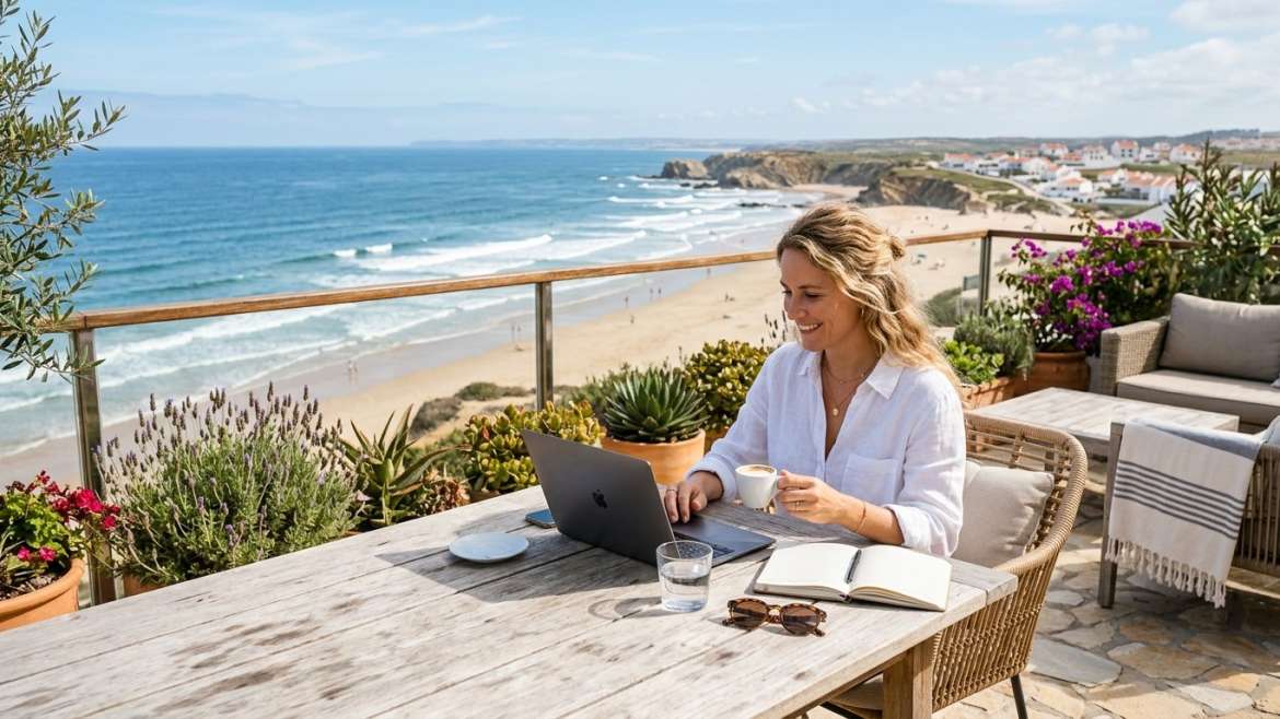 Remote professional working on sunny terrace overlooking Portuguese ocean view