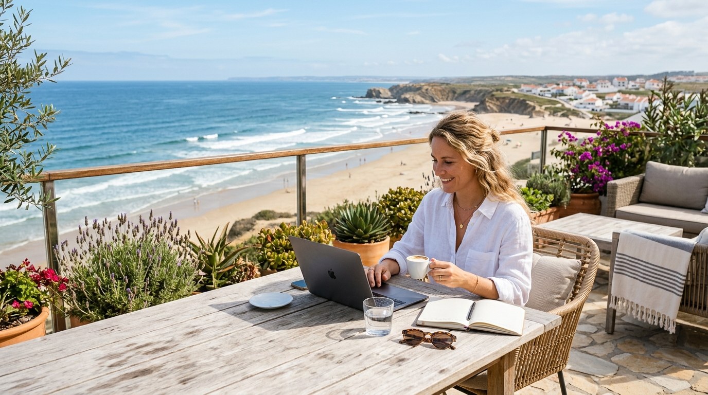 Remote professional working on sunny terrace overlooking Portuguese ocean view