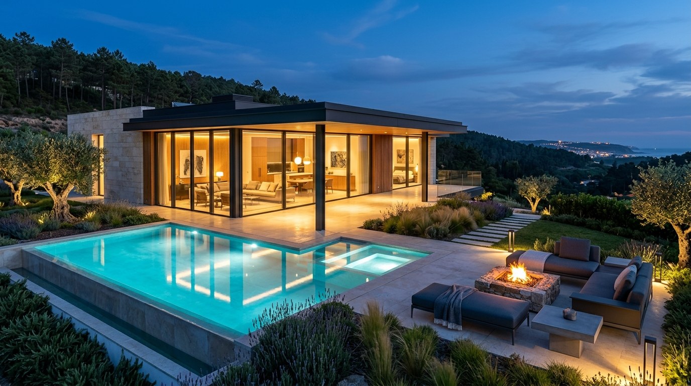 Contemporary new build luxury villa at twilight on Portugal Silver Coast